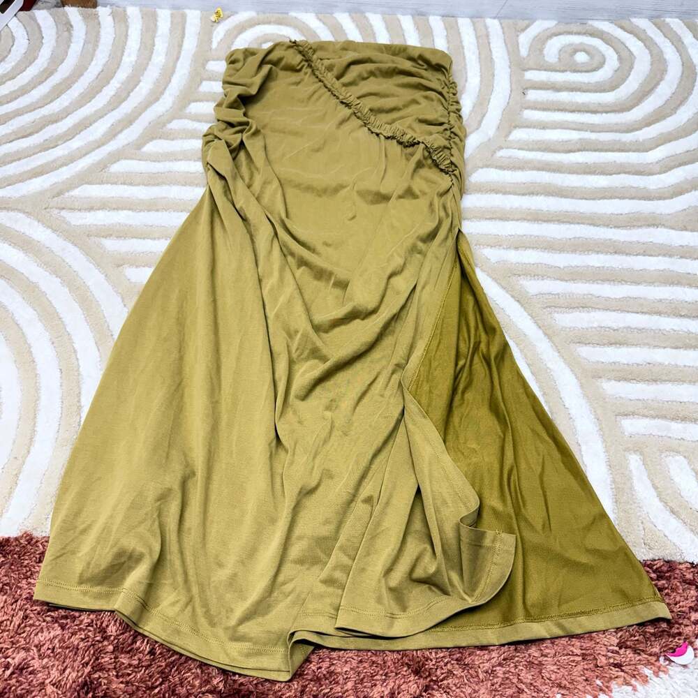 Celandine anthro Side-Ruched skirt in chartreuse green light bronze